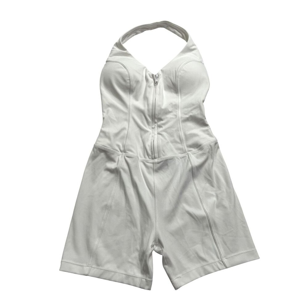 White Halter Romper Jumpsuit with Front Zip